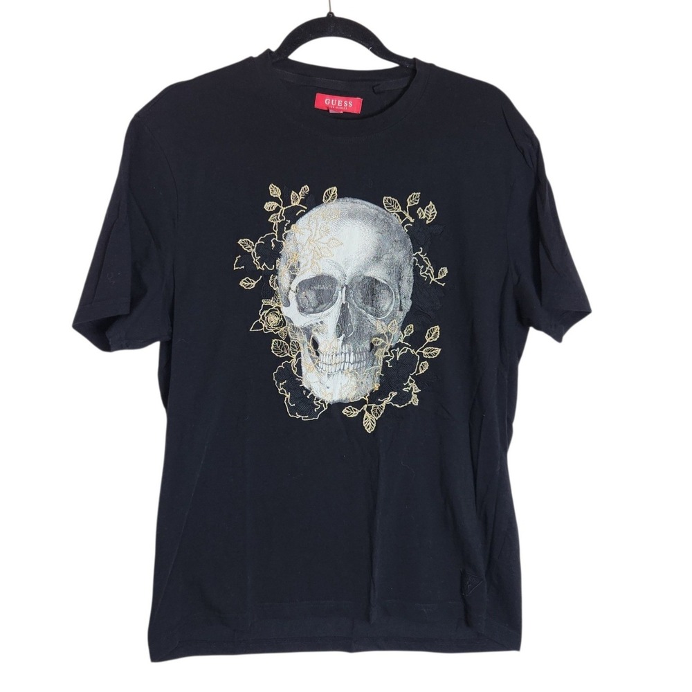 Guess Los Angeles Mens XL Black Skull Floral Gold Embroidered Graphic T-Shirt